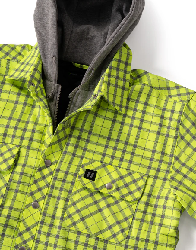 Forcefield - Hi Vis Lime Silver Micro Plaid Hooded Quilt-Lined Flannel Shirt Jacket - Image 2