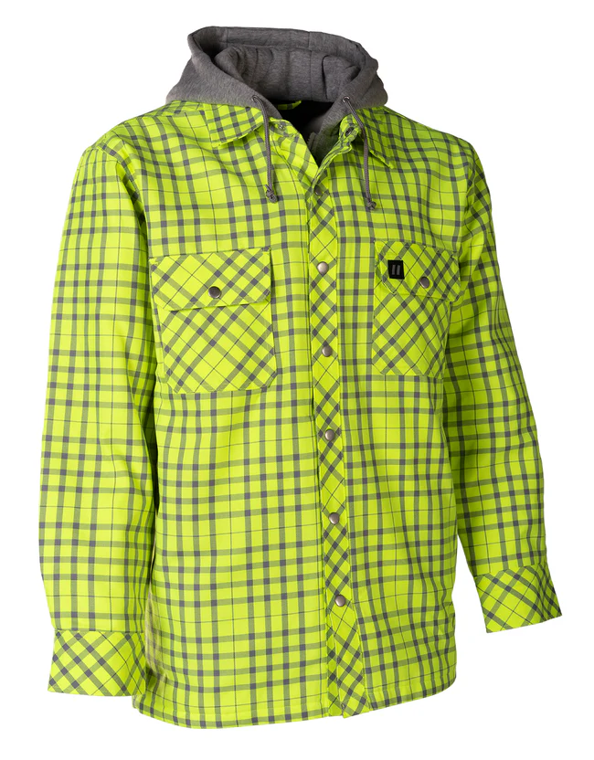 Forcefield - Hi Vis Lime Silver Micro Plaid Hooded Quilt-Lined Flannel Shirt Jacket