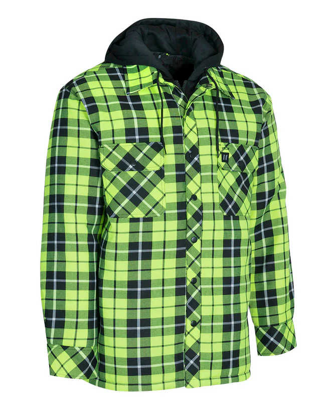 Forcefield - Hi Vis Hooded Tartan Plaid Quilt-Lined Flannel Shirt Jacket