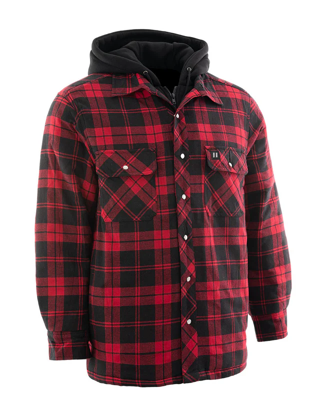 Forcefield - Red Hooded Plaid Quilt-Lined Flannel Shirt Jacket
